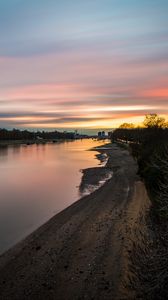 Preview wallpaper river, coast, sunset, evening, nature