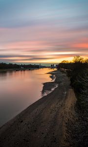 Preview wallpaper river, coast, sunset, evening, nature