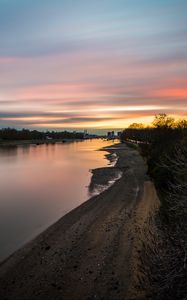 Preview wallpaper river, coast, sunset, evening, nature
