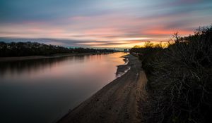 Preview wallpaper river, coast, sunset, evening, nature
