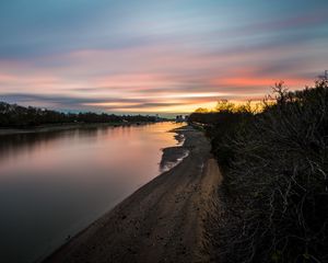 Preview wallpaper river, coast, sunset, evening, nature