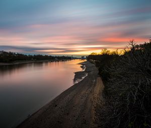 Preview wallpaper river, coast, sunset, evening, nature