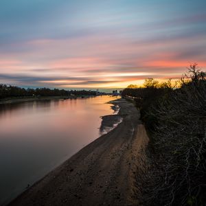 Preview wallpaper river, coast, sunset, evening, nature