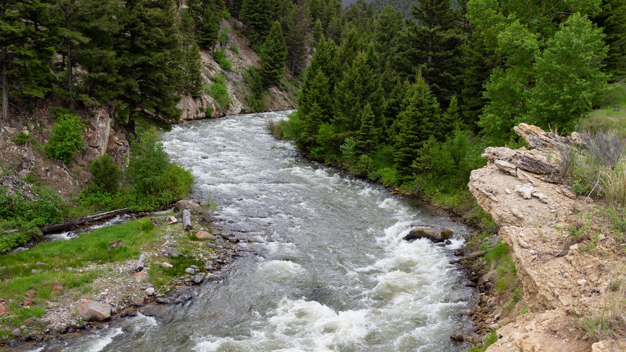 Wallpaper river, course, forest, hill, sky