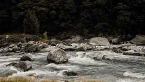 Preview wallpaper river, current, stones, trees, grass