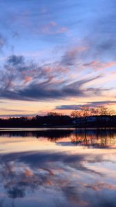 Preview wallpaper river, evening, orange, sunset, sky, trees, clouds