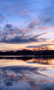 Preview wallpaper river, evening, orange, sunset, sky, trees, clouds