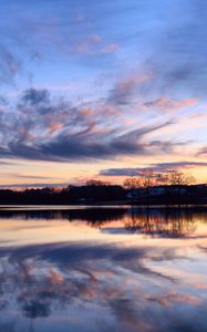 Preview wallpaper river, evening, orange, sunset, sky, trees, clouds