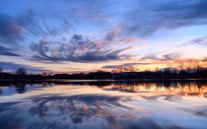 Preview wallpaper river, evening, orange, sunset, sky, trees, clouds