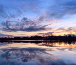 Preview wallpaper river, evening, orange, sunset, sky, trees, clouds