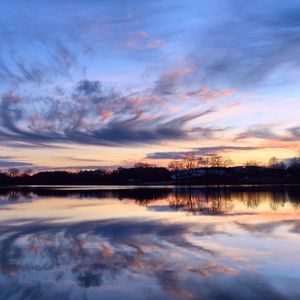 Preview wallpaper river, evening, orange, sunset, sky, trees, clouds