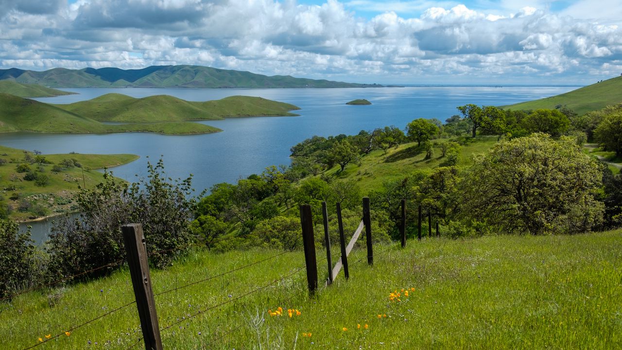 Wallpaper river, fence, grass, slope, landscape