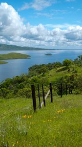 Preview wallpaper river, fence, grass, slope, landscape