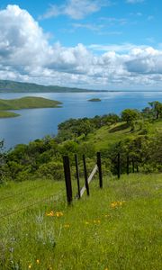 Preview wallpaper river, fence, grass, slope, landscape