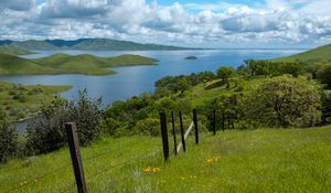 Preview wallpaper river, fence, grass, slope, landscape
