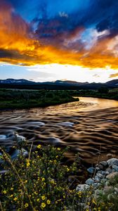 Preview wallpaper river, field, sunset, nature, landscape