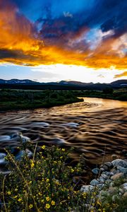 Preview wallpaper river, field, sunset, nature, landscape