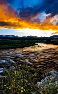 Preview wallpaper river, field, sunset, nature, landscape