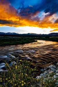 Preview wallpaper river, field, sunset, nature, landscape