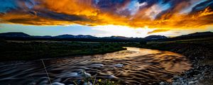 Preview wallpaper river, field, sunset, nature, landscape