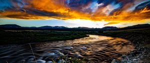 Preview wallpaper river, field, sunset, nature, landscape