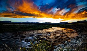 Preview wallpaper river, field, sunset, nature, landscape