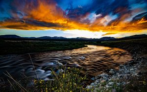 Preview wallpaper river, field, sunset, nature, landscape