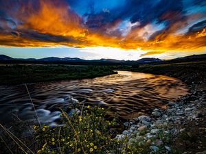 Preview wallpaper river, field, sunset, nature, landscape