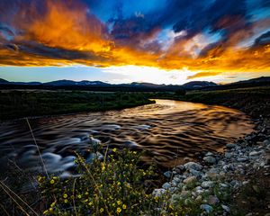 Preview wallpaper river, field, sunset, nature, landscape