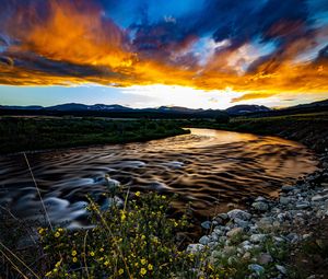 Preview wallpaper river, field, sunset, nature, landscape