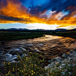 Preview wallpaper river, field, sunset, nature, landscape