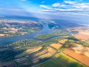Preview wallpaper river, fields, forest, aerial view, nature