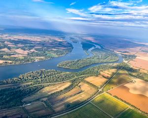 Preview wallpaper river, fields, forest, aerial view, nature