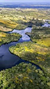 Preview wallpaper river, fields, trees, aerial view, nature