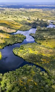 Preview wallpaper river, fields, trees, aerial view, nature