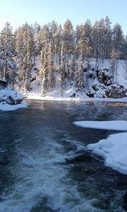 Preview wallpaper river, finland, ice, snow, trees, hoarfrost, stream