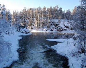 Preview wallpaper river, finland, ice, snow, trees, hoarfrost, stream