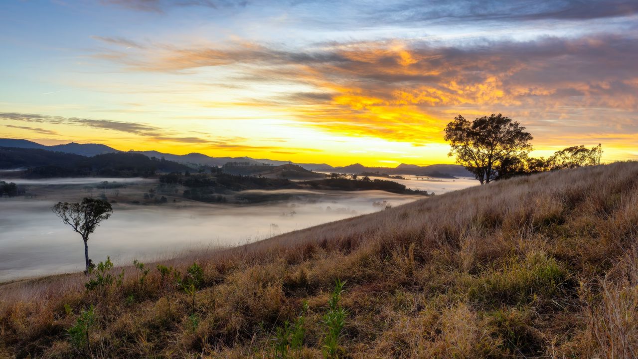 Wallpaper river, fog, coast, sunset, clouds