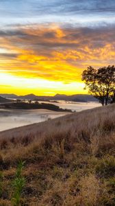 Preview wallpaper river, fog, coast, sunset, clouds