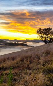 Preview wallpaper river, fog, coast, sunset, clouds