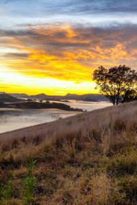 Preview wallpaper river, fog, coast, sunset, clouds
