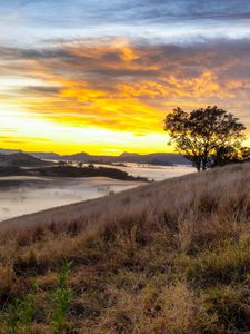 Preview wallpaper river, fog, coast, sunset, clouds