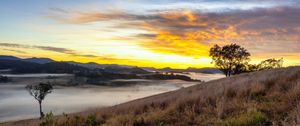 Preview wallpaper river, fog, coast, sunset, clouds