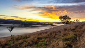 Preview wallpaper river, fog, coast, sunset, clouds