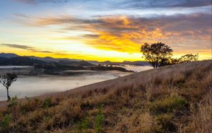 Preview wallpaper river, fog, coast, sunset, clouds