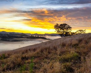 Preview wallpaper river, fog, coast, sunset, clouds