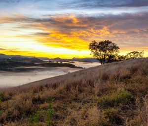 Preview wallpaper river, fog, coast, sunset, clouds