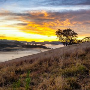 Preview wallpaper river, fog, coast, sunset, clouds