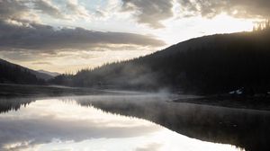 Preview wallpaper river, fog, forest, trees, clouds