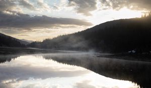 Preview wallpaper river, fog, forest, trees, clouds